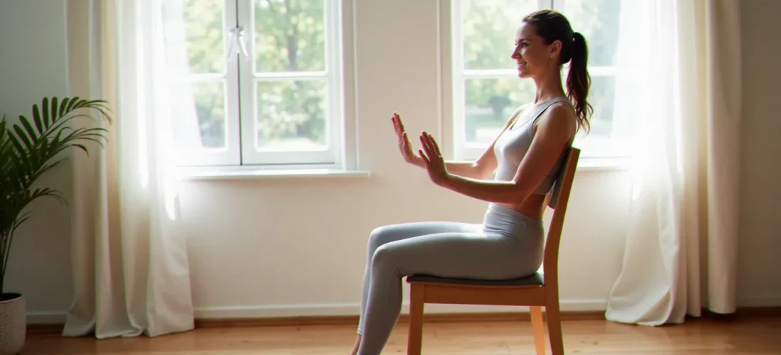 Femme pratiquant le yoga sur chaise dans un appartement lumineux à Bordeaux, réalisant une torsion assise douce — illustration de la pratique du yoga sur chaise efficace ou pas