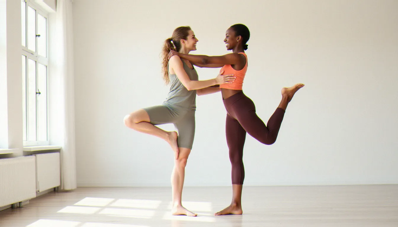 Deux amies riant en pratiquant une posture d'arbre en duo dans un studio de yoga lumineux, s'aidant mutuellement pour maintenir l'équilibre lors de leurs 2 people yoga poses