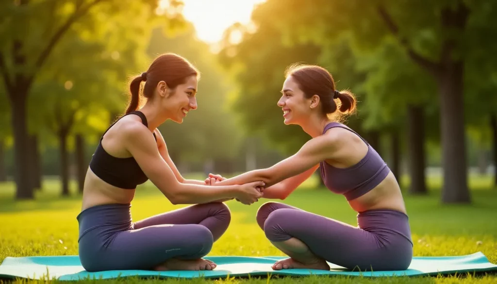 2 people yoga poses featured Deux femmes pratiquant des 2 people yoga poses en plein air, assises face à face dans une posture d'étirement en duo sur des tapis de yoga, souriantes sous la lumière dorée