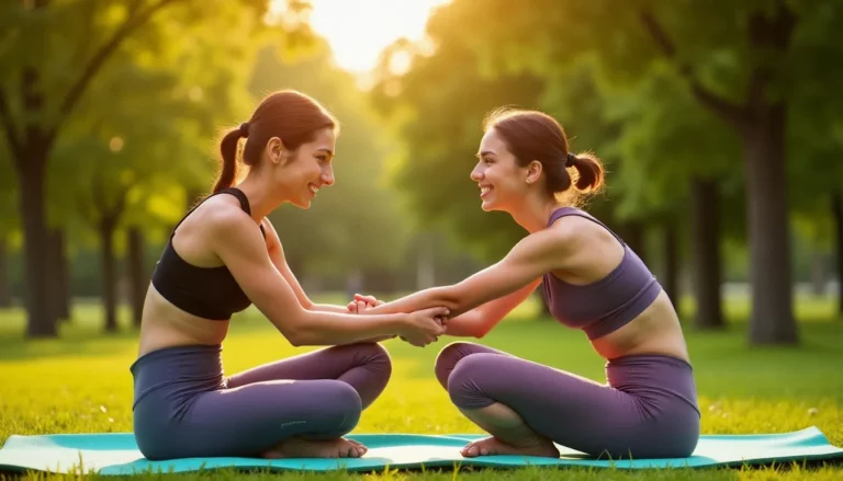 Deux femmes pratiquant des 2 people yoga poses en plein air, assises face à face dans une posture d'étirement en duo sur des tapis de yoga, souriantes sous la lumière dorée