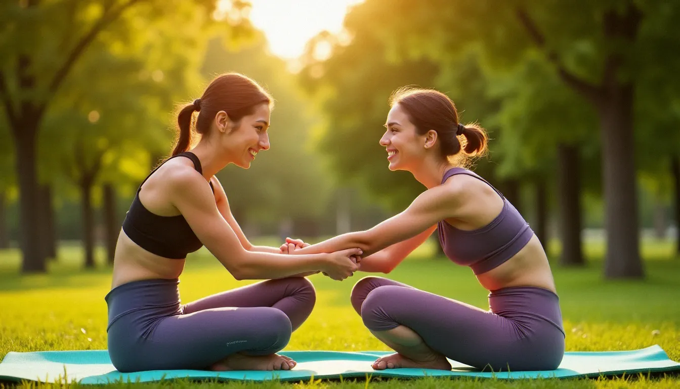 Deux femmes pratiquant des 2 people yoga poses en plein air, assises face à face dans une posture d'étirement en duo sur des tapis de yoga, souriantes sous la lumière dorée