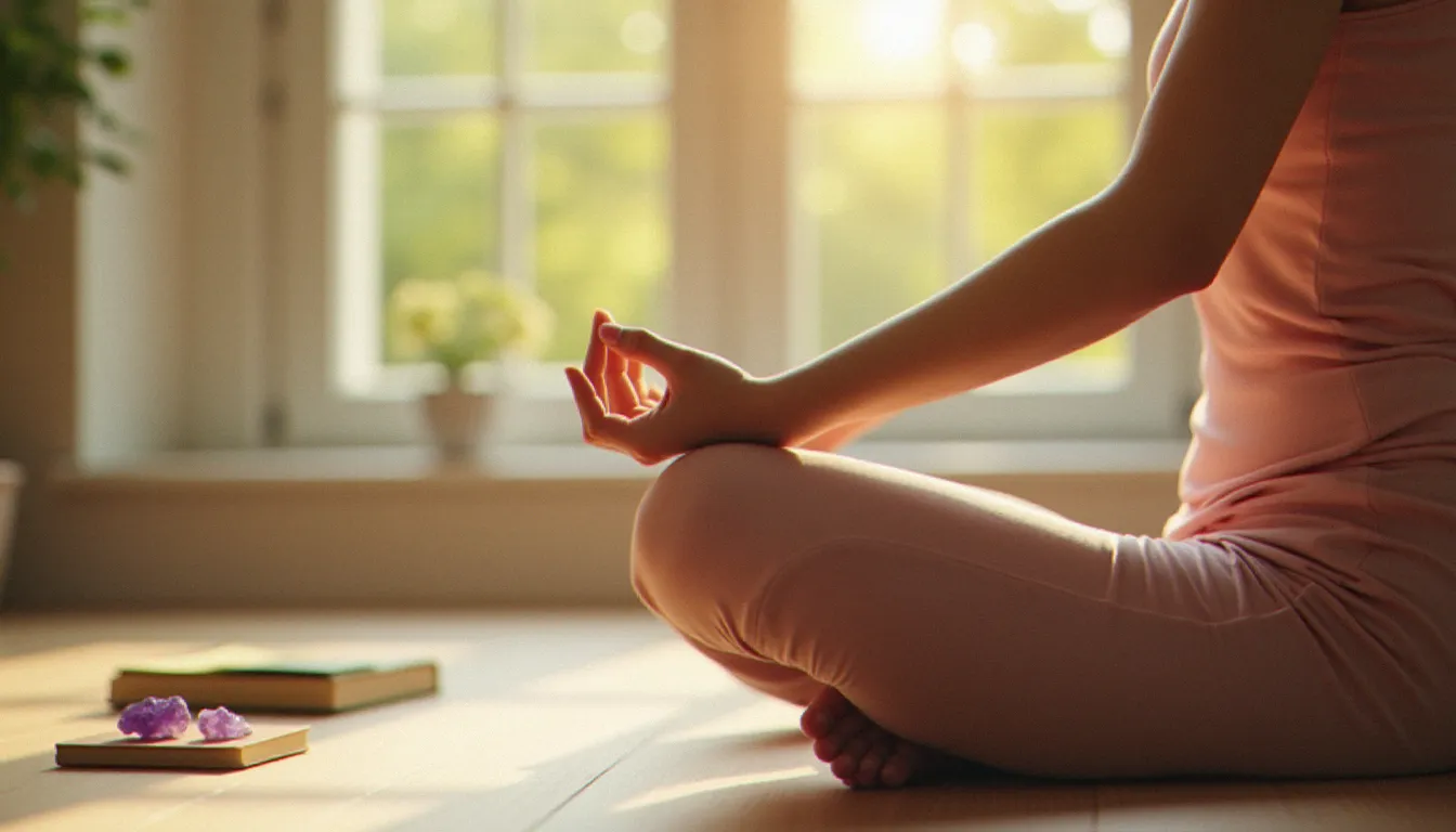 Mains d'une femme en mudra pendant une session de pranayama, illustrant les branches intérieures et la pratique du souffle parmi les 8 limbs of yoga