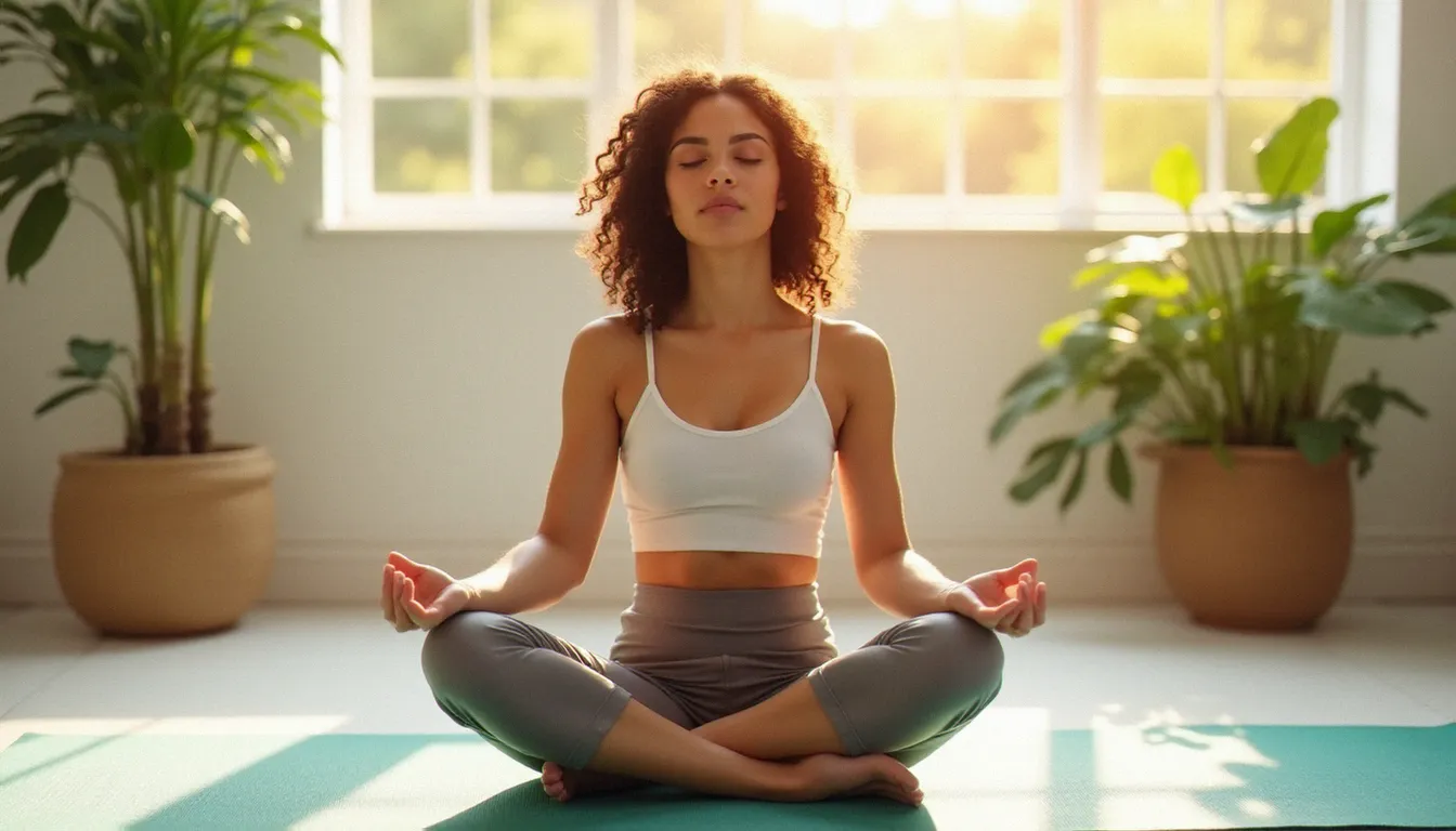 Femme en position du lotus dans un studio de yoga lumineux, illustrant la pratique complète des 8 limbs of yoga dans un espace serein et naturel