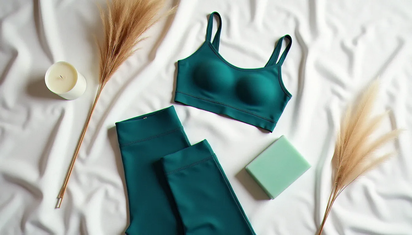 Flat lay de vêtements de yoga premium en couleurs naturelles sarcelle et blanc disposés sur lin blanc, illustrant l'univers des tenues Alo Yoga de qualité