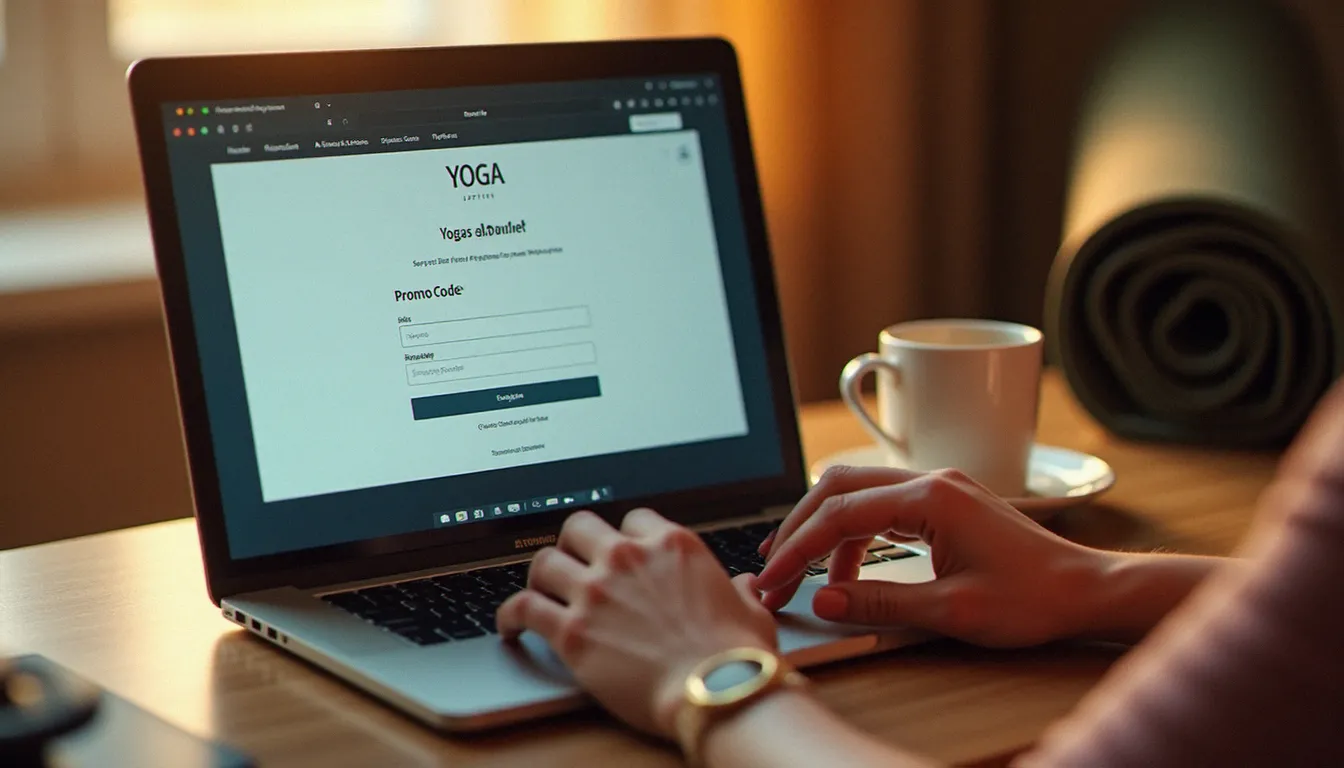 Femme saisissant un code promo yoga sur un site d'achat en ligne depuis son bureau à la maison