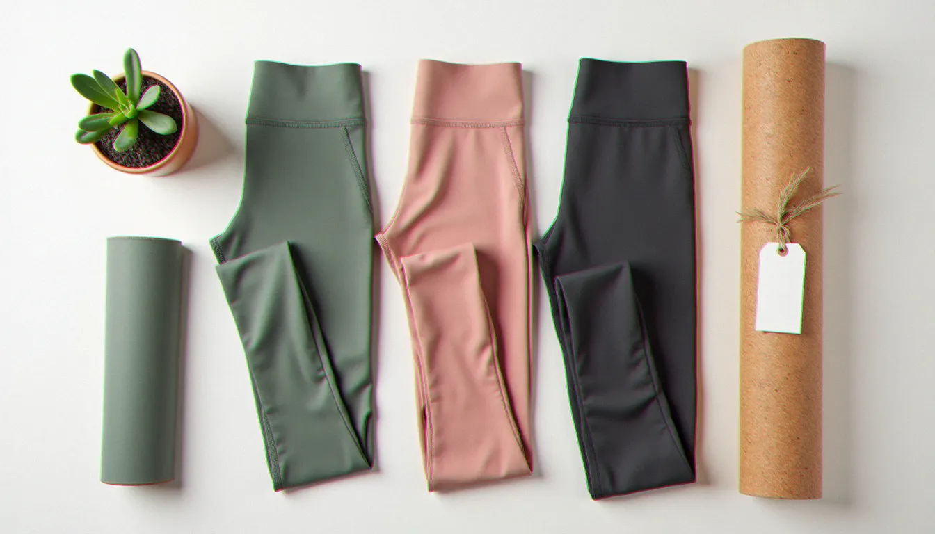 Assortiment de leggings de yoga premium en teintes naturelles disposés en flat lay, illustrant la gamme de prix et les économies possibles avec un code promo yoga