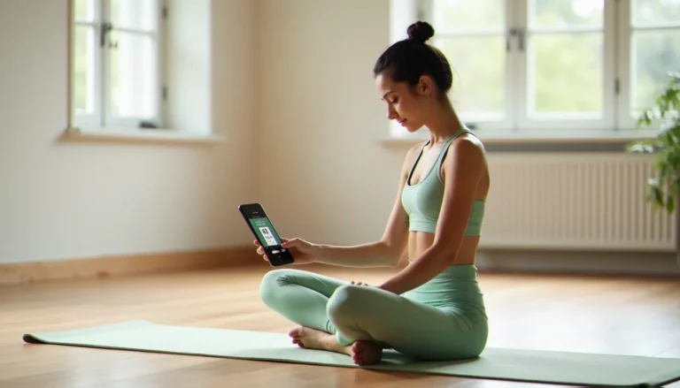 Femme pratiquant le yoga en tenue Alo Yoga dans un studio lumineux, consultant un alo yoga discount code sur son téléphone