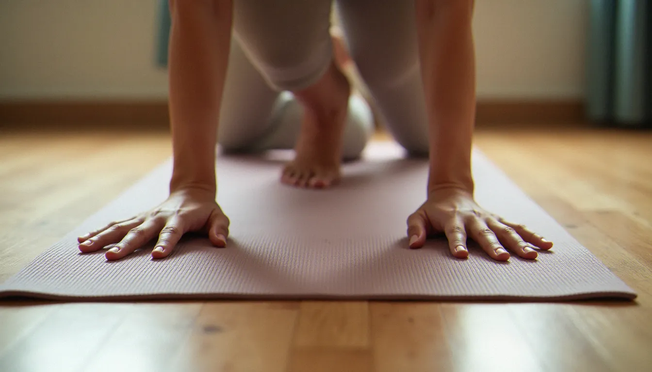 Gros plan sur les mains et pieds d'une pratiquante de yoga en posture du chien tête en bas sur un alo yoga mat à forte adhérence