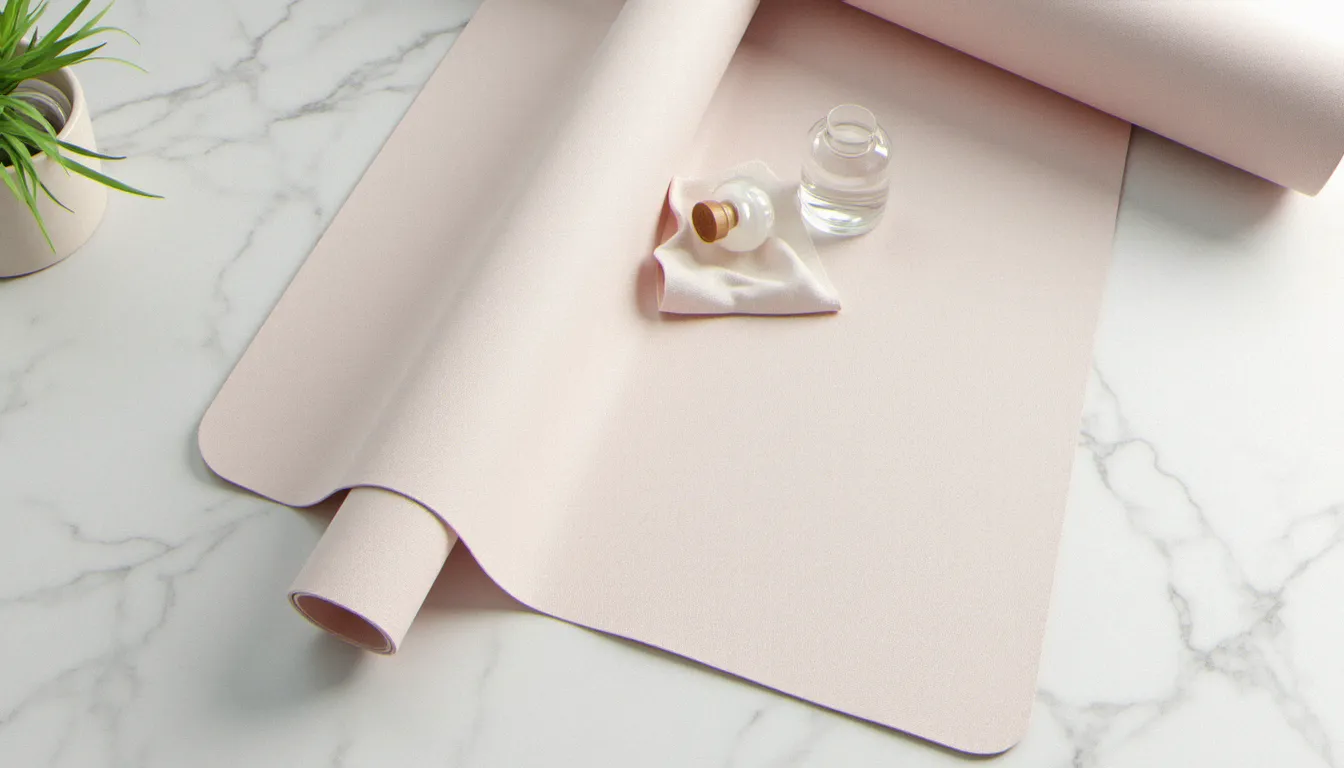 Nettoyage d'un alo yoga mat avec un chiffon microfibre et un vaporisateur d'eau sur surface marbre, entretien tapis de yoga