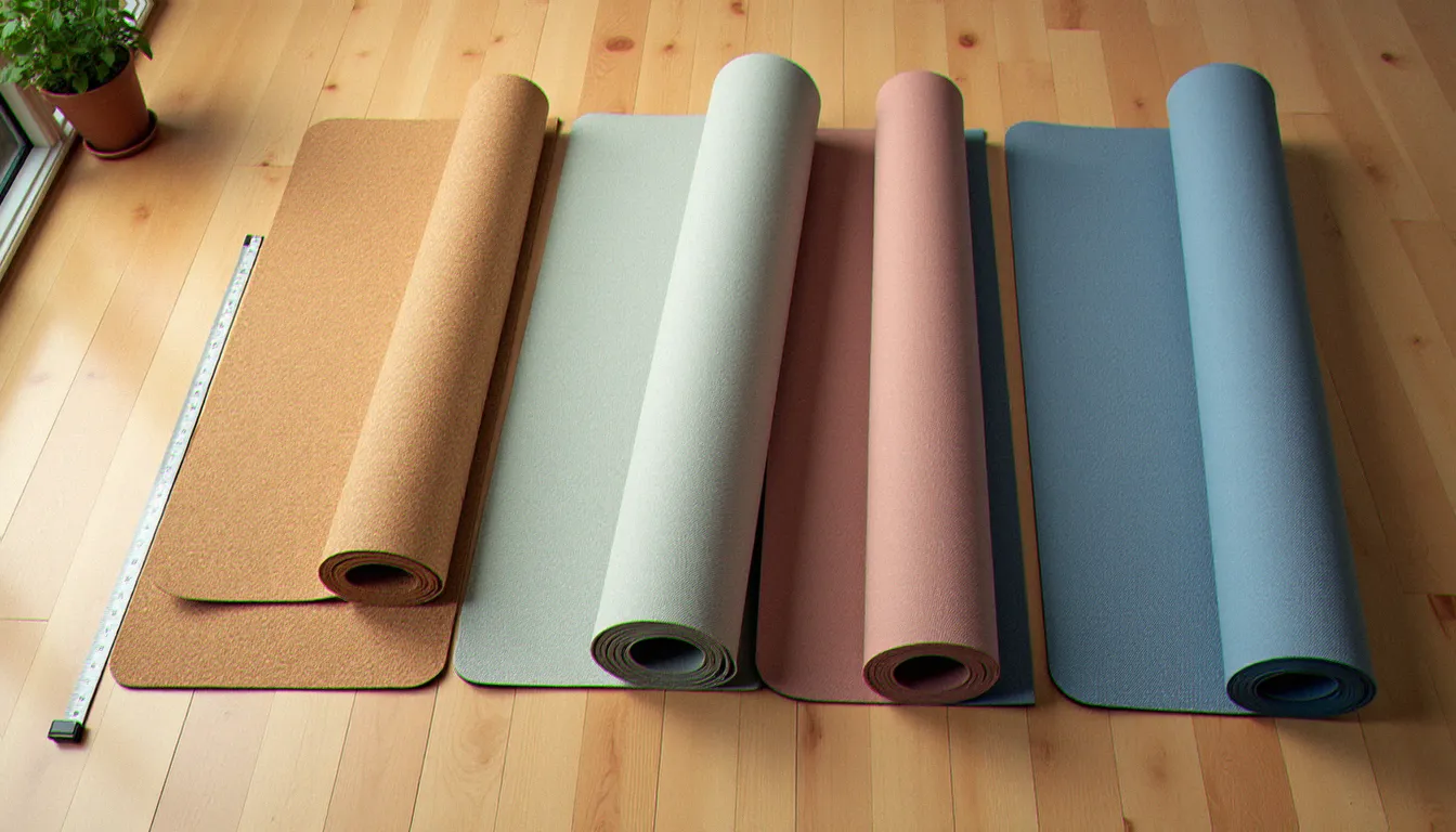 Comparatif de quatre tapis de yoga différents vus du dessus, liège, caoutchouc naturel, TPE et microfibre, posés côte à côte sur un parquet en bois