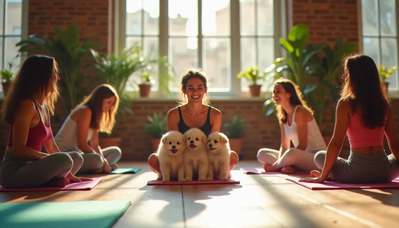 Groupe de femmes pratiquant le puppy yoga sur des tapis colorés avec des chiots jouant entre elles dans un espace de yoga lumineux aux murs en brique