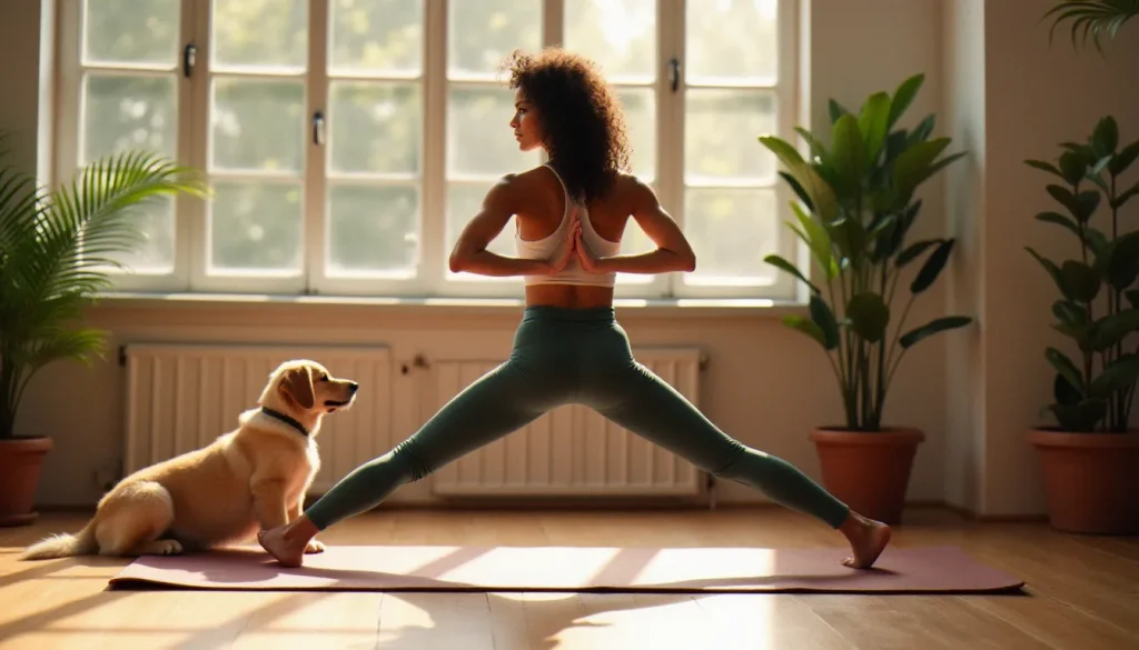 Femme pratiquant le yoga sur le best yoga mat en caoutchouc naturel, avec un chiot golden retriever à ses côtés dans un studio lumineux