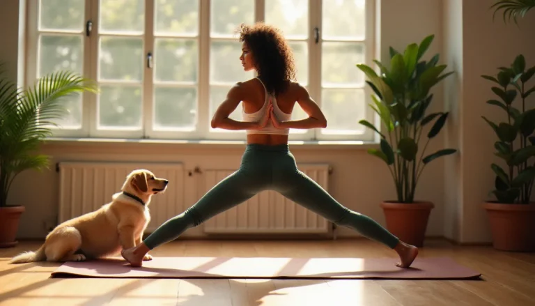 Femme pratiquant le yoga sur le best yoga mat en caoutchouc naturel, avec un chiot golden retriever à ses côtés dans un studio lumineux