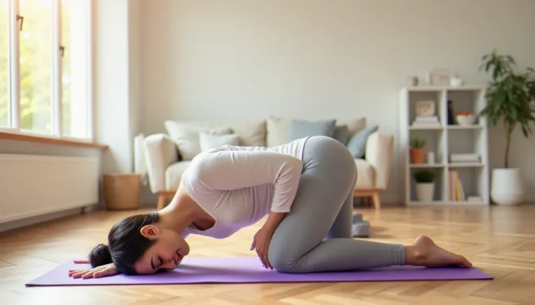 Une jeune femme pratique la posture de l'enfant sur un tapis de yoga violet dans un salon lumineux, illustrant les best yoga poses for back pain accessibles à tous