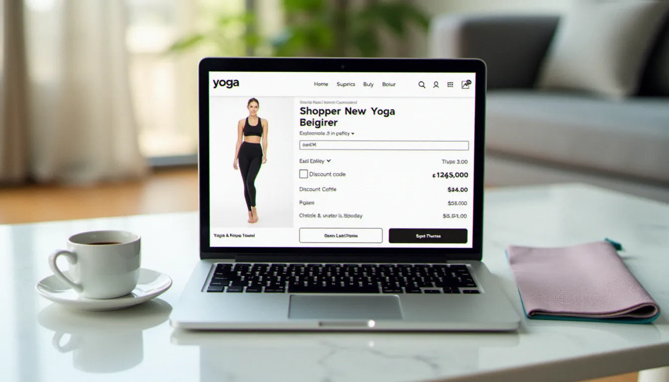 Femme utilisant un code promo sur un site de vêtements de yoga depuis son ordinateur portable, illustrant la recherche d'un beyond yoga discount code en ligne