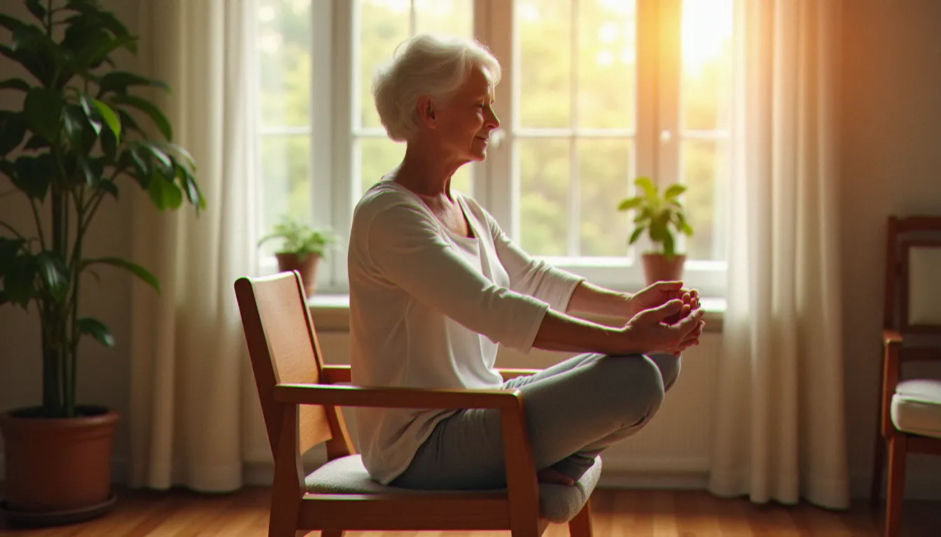 Une femme senior souriante pratiquant une torsion vertébrale douce assise sur une chaise dans son salon baigné de lumière naturelle