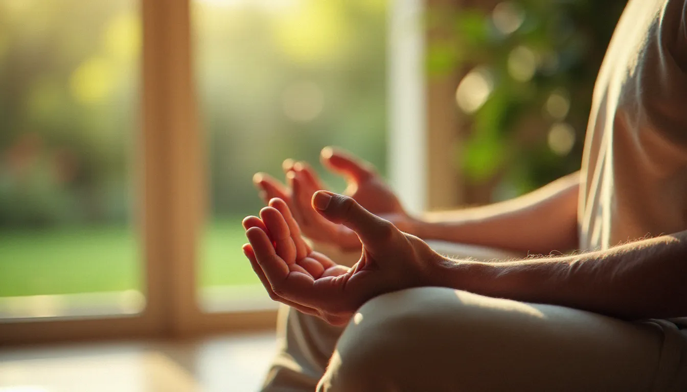 Mains bienveillantes d'une personne âgée en position de namaste posées sur les genoux lors d'une séance de yoga sur chaise, jardin verdoyant visible en arrière-plan flou