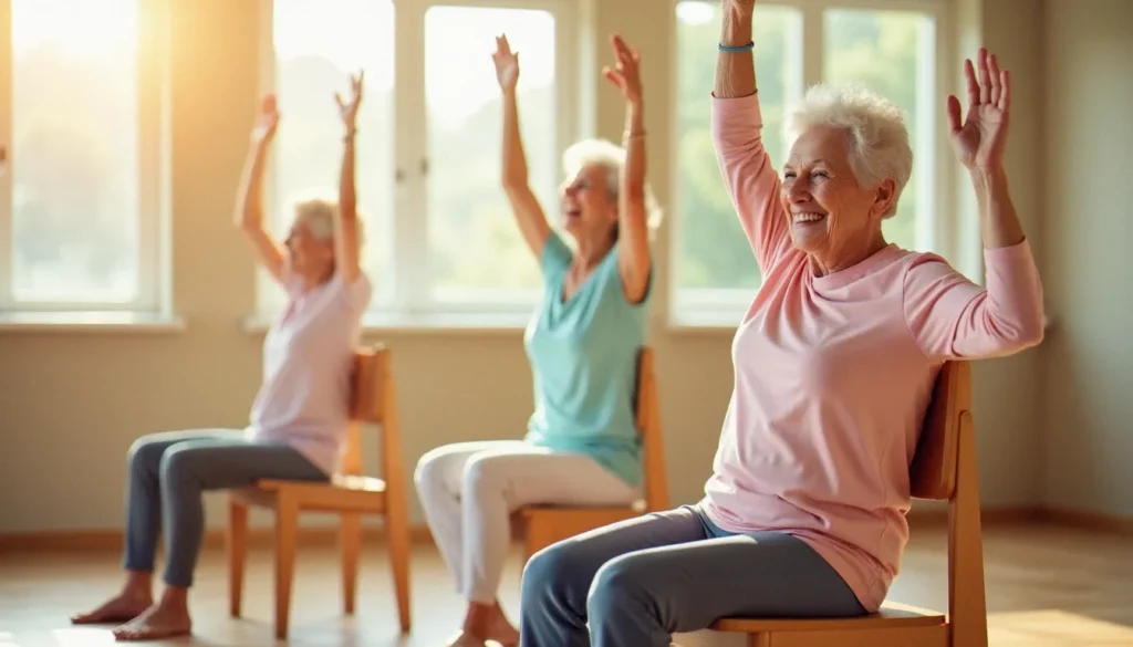 chair yoga for seniors free featured Groupe de seniors pratiquant le chair yoga for seniors free dans une salle lumineuse, réalisant un étirement latéral assis avec les bras levés et le sourire aux lèvres