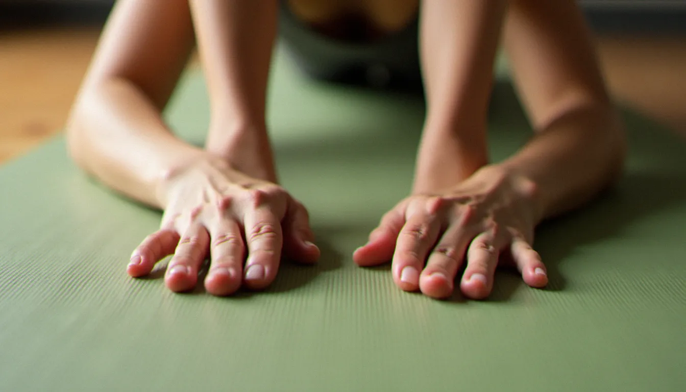 Gros plan sur le placement des mains et l'alignement des bras dans le cobra pose yoga, montrant la technique correcte avec les coudes légèrement fléchis