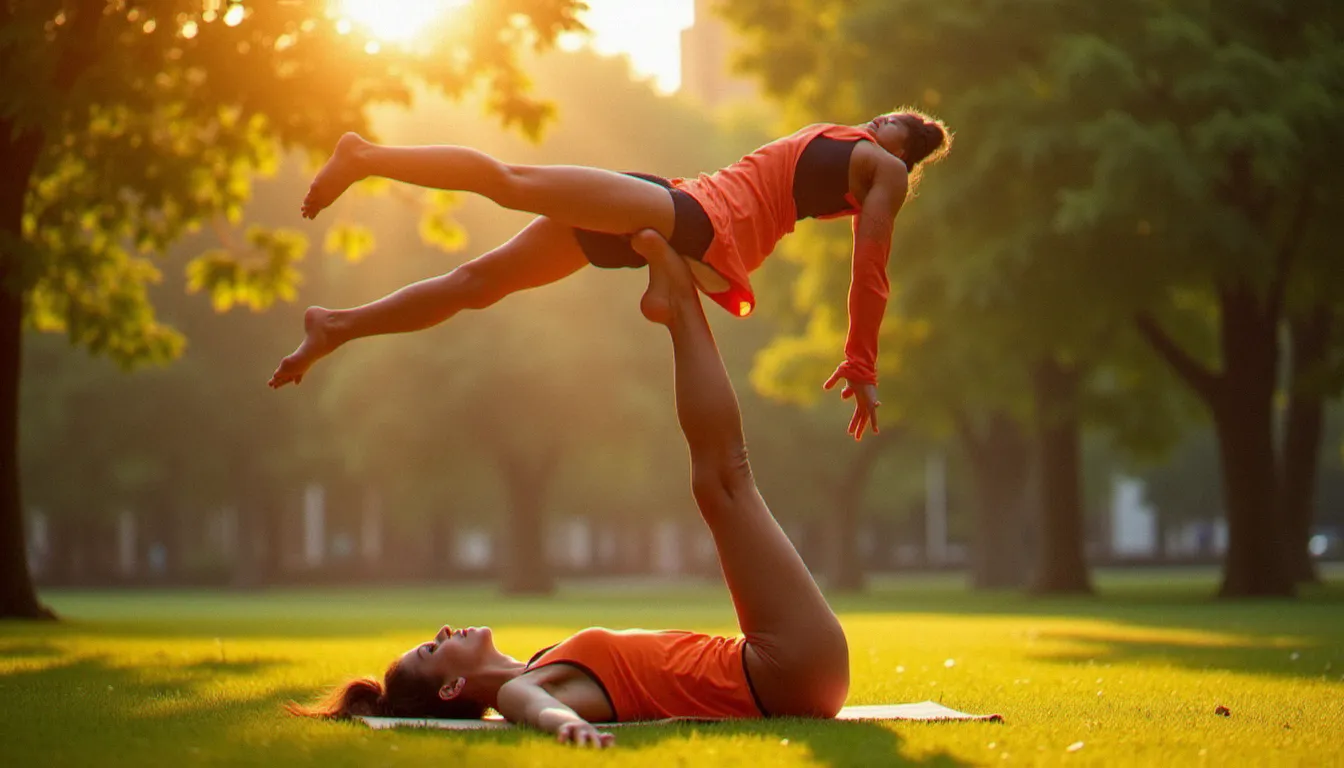 Deux pratiquants réalisant une couple yoga pose avancée de Flying Warrior en acro-yoga dans un parc verdoyant sous une lumière dorée de fin de journée