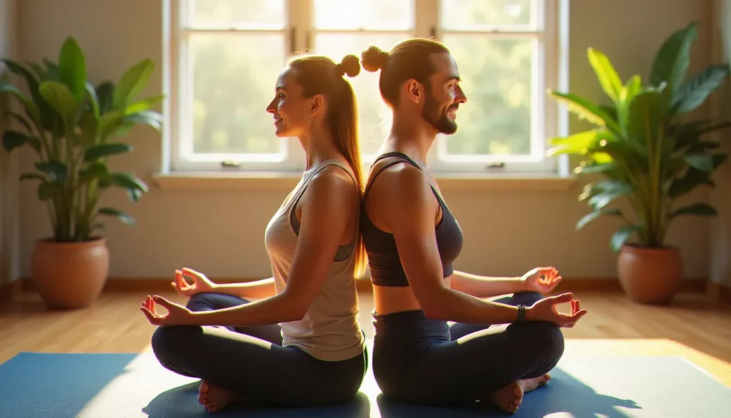 couple yoga poses featured Deux personnes pratiquant des couple yoga poses dos à dos en position de méditation sur des tapis bleus dans un studio lumineux