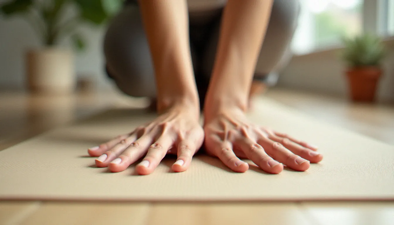 Gros plan sur les mains en appui sur un tapis de yoga lors de la pratique du crow pose, doigts écartés et muscles avant-bras engagés