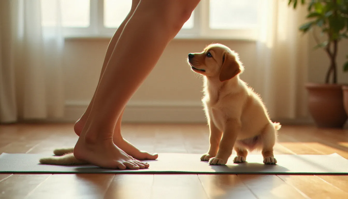 Chiot golden retriever assis sur un tapis de yoga à côté d'une pratiquante en crow pose dans un studio lumineux