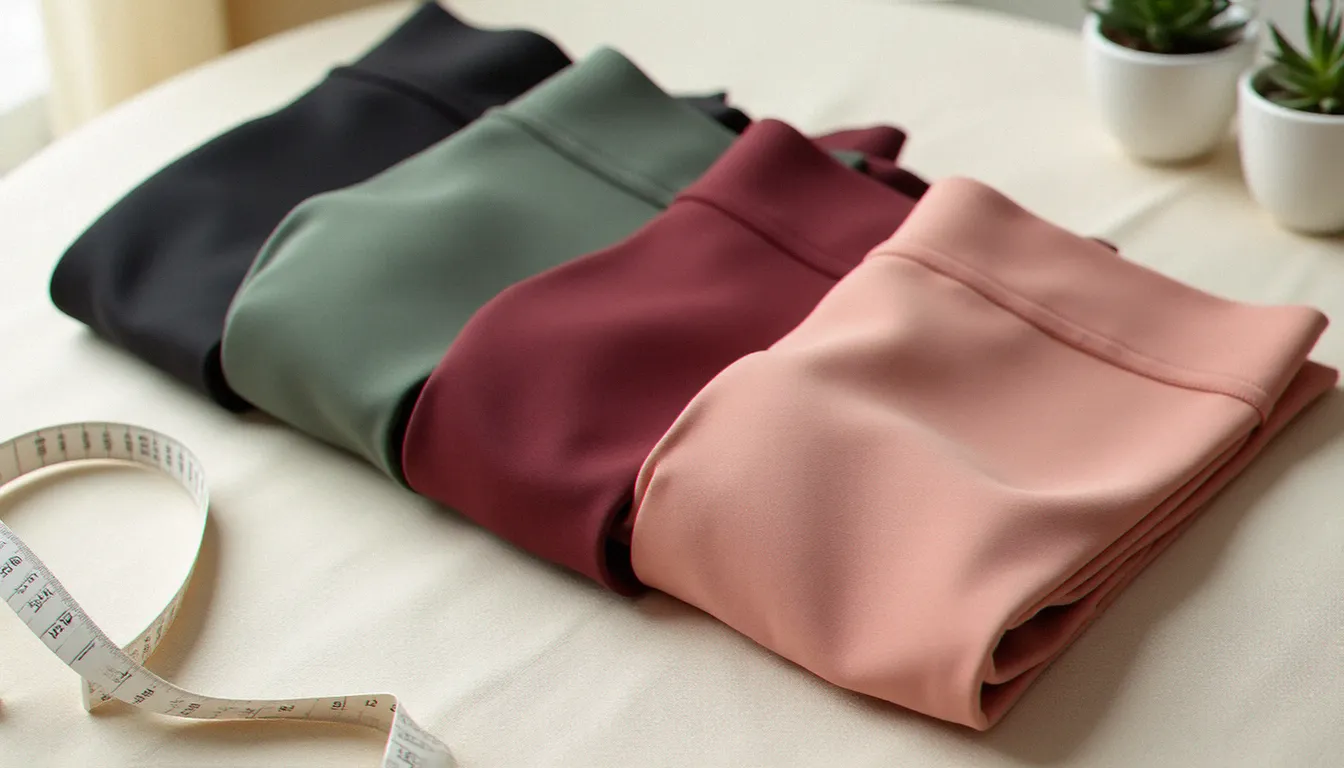 Sélection de leggings crz yoga pliés en quatre coloris différents présentés à plat sur du lin naturel avec une plante succulente