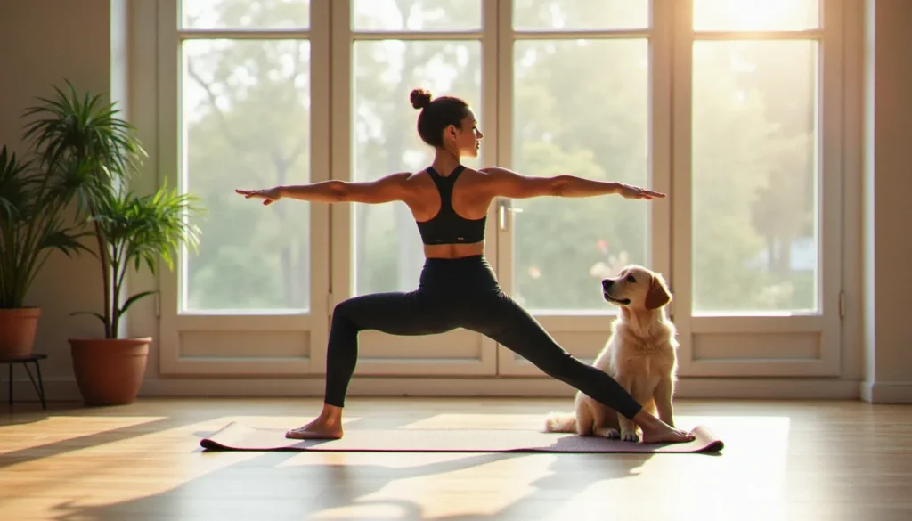 Femme pratiquant une posture de crz yoga warrior II dans un appartement lumineux avec un chiot golden labrador assis sur le tapis à ses côtés