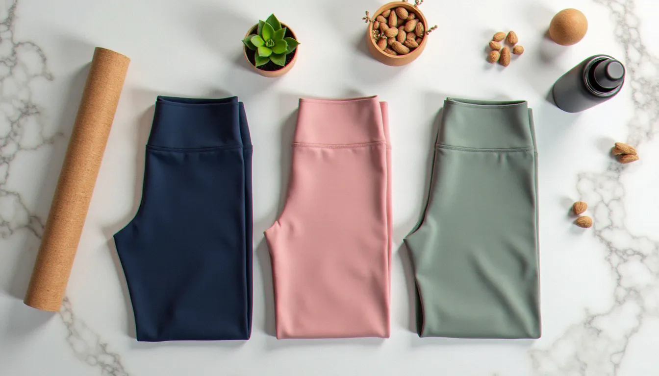 Vue à plat de trois crz yoga leggings pliés dans des coloris bleu marine, rose poudré et vert sauge sur marbre blanc avec accessoires yoga lifestyle