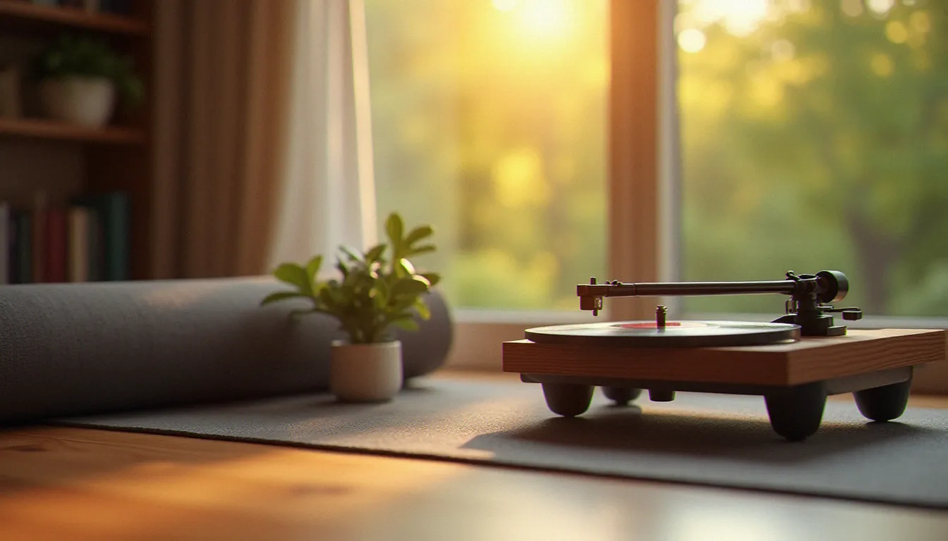 Tourne-disque avec un album de musique classique posé à côté d'un tapis de yoga enroulé dans un studio de yoga baigné de lumière naturelle
