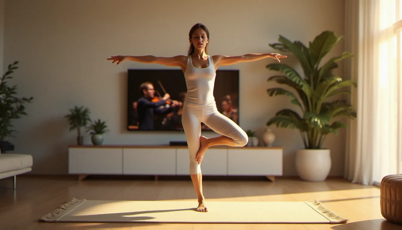 Femme en posture de l'arbre sur tapis de yoga dans un salon, avec en arrière-plan un documentaire sur un chef d'orchestre diffusé à la télévision