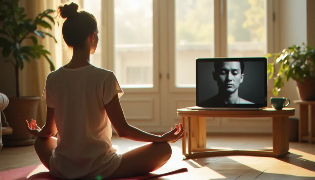 Femme pratiquant la méditation sur un tapis de yoga devant un documentaire sur la musique classique affiché sur un ordinateur portable, dans un appartement lumineux