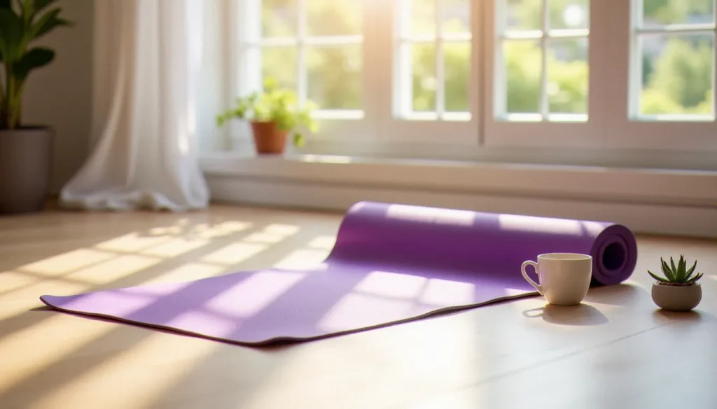 gaiam yoga mat featured Un gaiam yoga mat violet déroulé sur un parquet clair dans un appartement baigné de lumière matinale, avec une tasse de tisane et une plante verte posées à côté