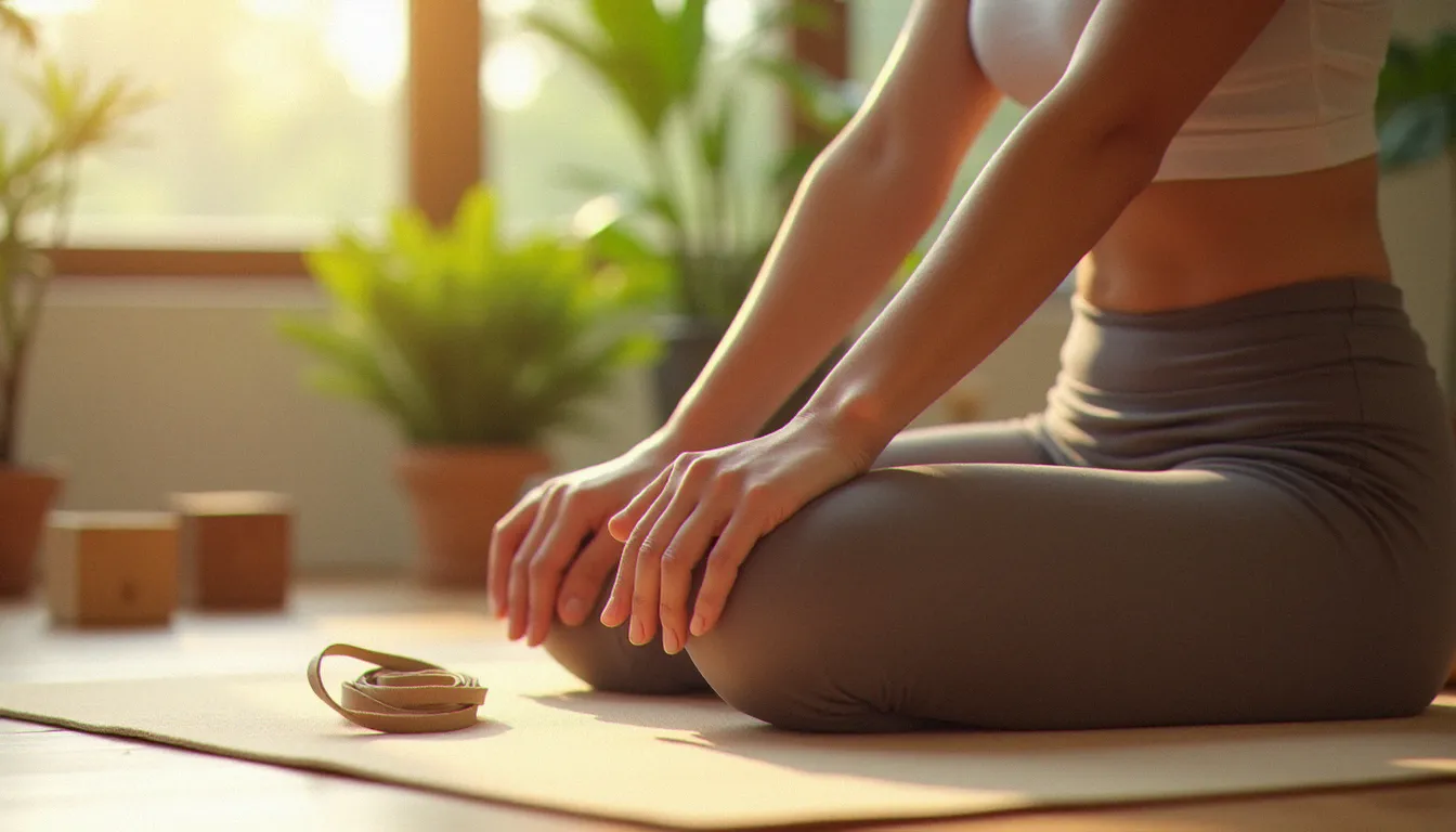 Mains expertes d'un maître de yoga guidant les épaules d'un élève dans une flexion avant assise, illustrant l'importance du choix d'un bon accompagnement yogique
