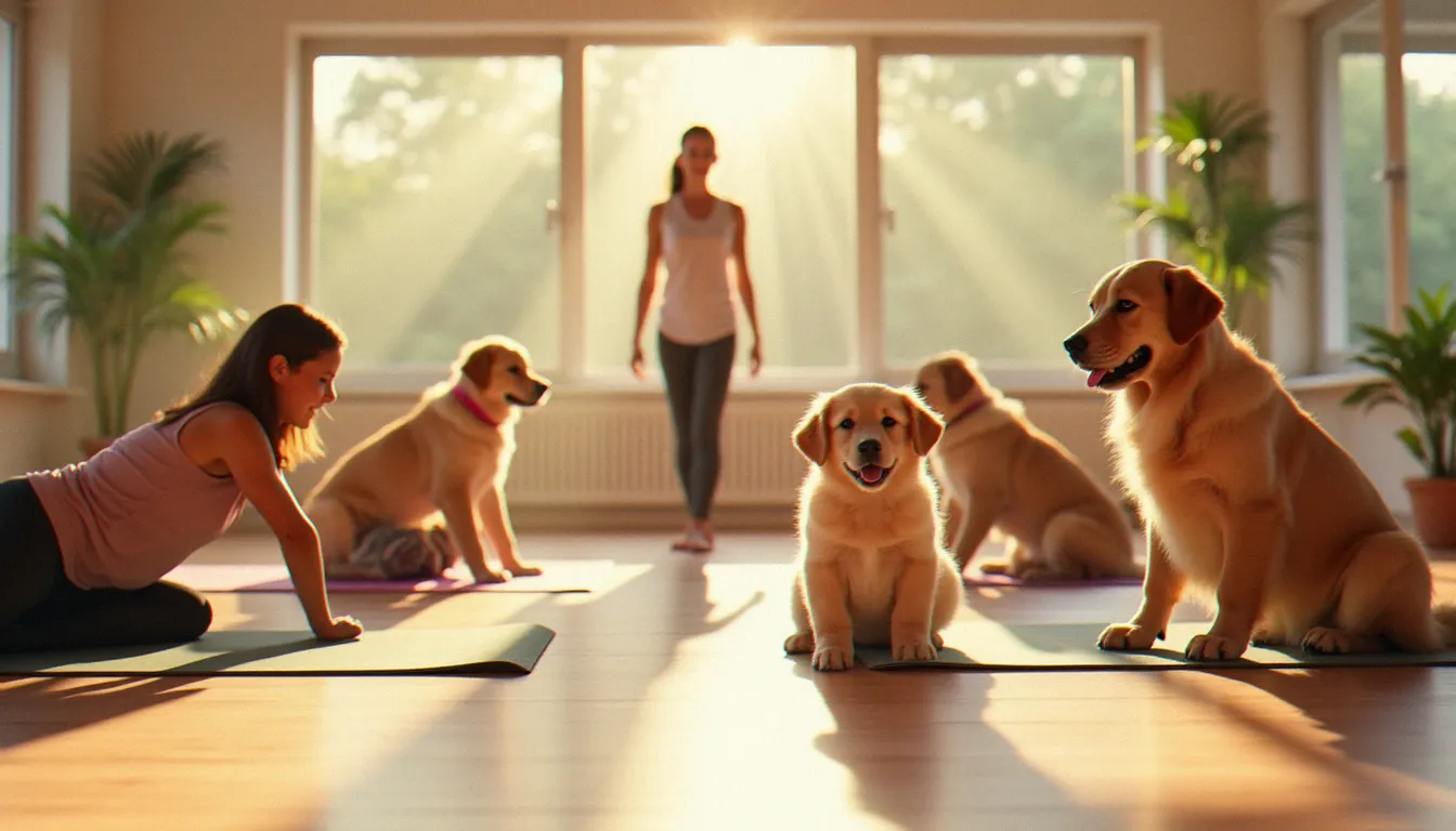 Des chiots joueurs interagissant avec des pratiquants de yoga dans un studio lumineux sous la guidance attentive d'une maître de yoga, illustrant l'expérience unique du puppy yoga encadré