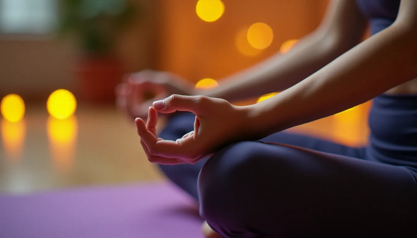Femme en posture de méditation sur tapis de yoga avec gouttelettes de transpiration visibles sur les bras, dans l'ambiance chaude et dorée d'une salle de hot yoga