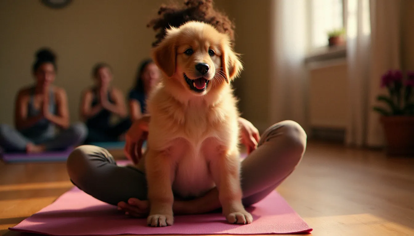 Chiot golden retriever assis sur le dos d'une pratiquante en posture de table lors d'une session de puppy yoga dans un studio chauffé, ambiance joyeuse et détendue