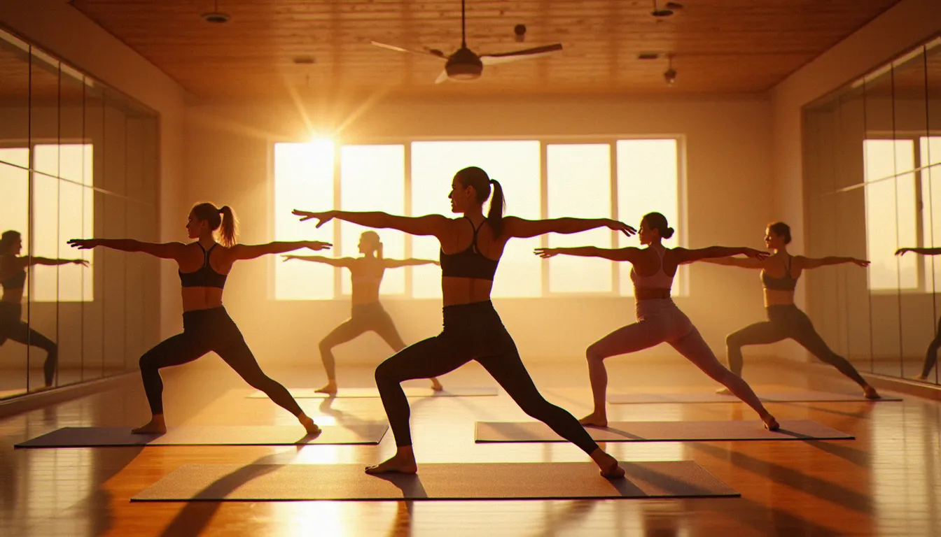 Groupe de pratiquants en posture du guerrier II lors d'un cours de hot yoga classes dans un studio moderne baigné d'une lumière ambrée chaude