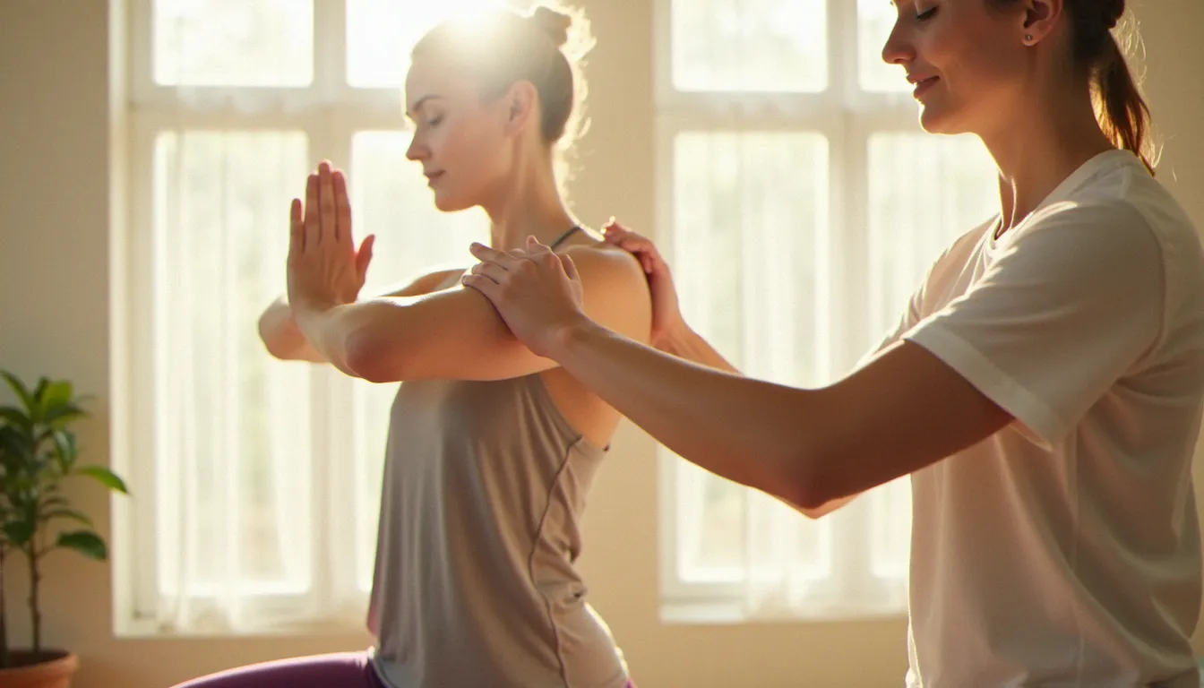 Un instructor of yoga corrige l'alignement d'une élève en posture du guerrier dans un studio baigné de lumière naturelle