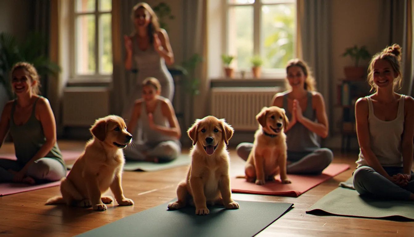 Une session de puppy yoga animée par un instructor of yoga, avec des participants souriants sur leurs tapis et des chiots jouant librement autour d'eux