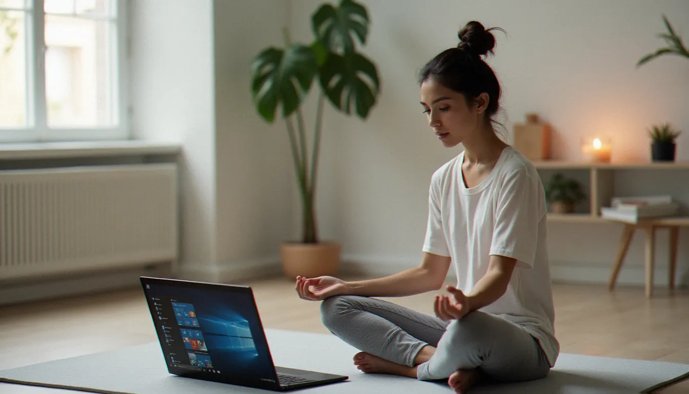 Femme assise en tailleur sur un tapis de yoga devant un Lenovo Yoga ouvert affichant le Gestionnaire des tâches, cherchant à diagnostiquer un problème de clignotement d'écran dans son espace de pratique minimaliste