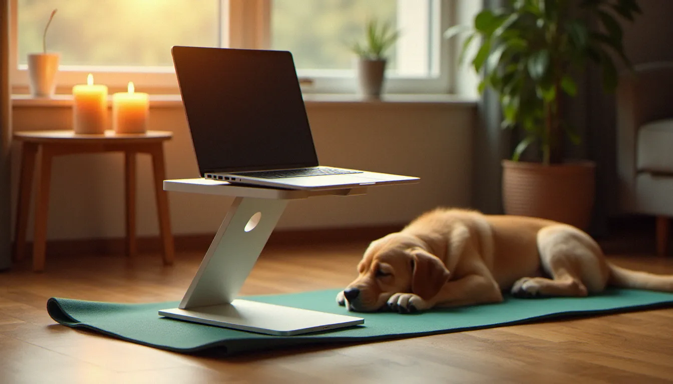 Coin yoga à la maison avec un Lenovo Yoga sur support bambou surélevé, tapis déroulé, bougies allumées et un chiot golden retriever endormi à côté, ambiance chaleureuse propice à la pratique digitale sereine