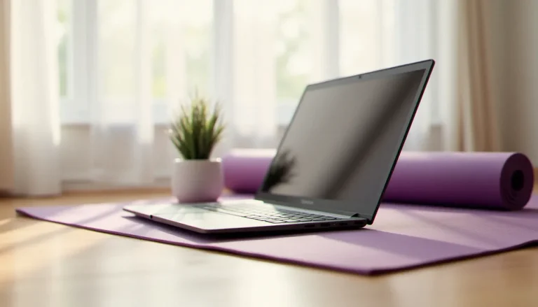 Laptop Lenovo Yoga posé sur le parquet d'un studio de yoga avec un écran qui clignote, illustrant le problème de lenovo yoga screen flashing dans un contexte de pratique à domicile