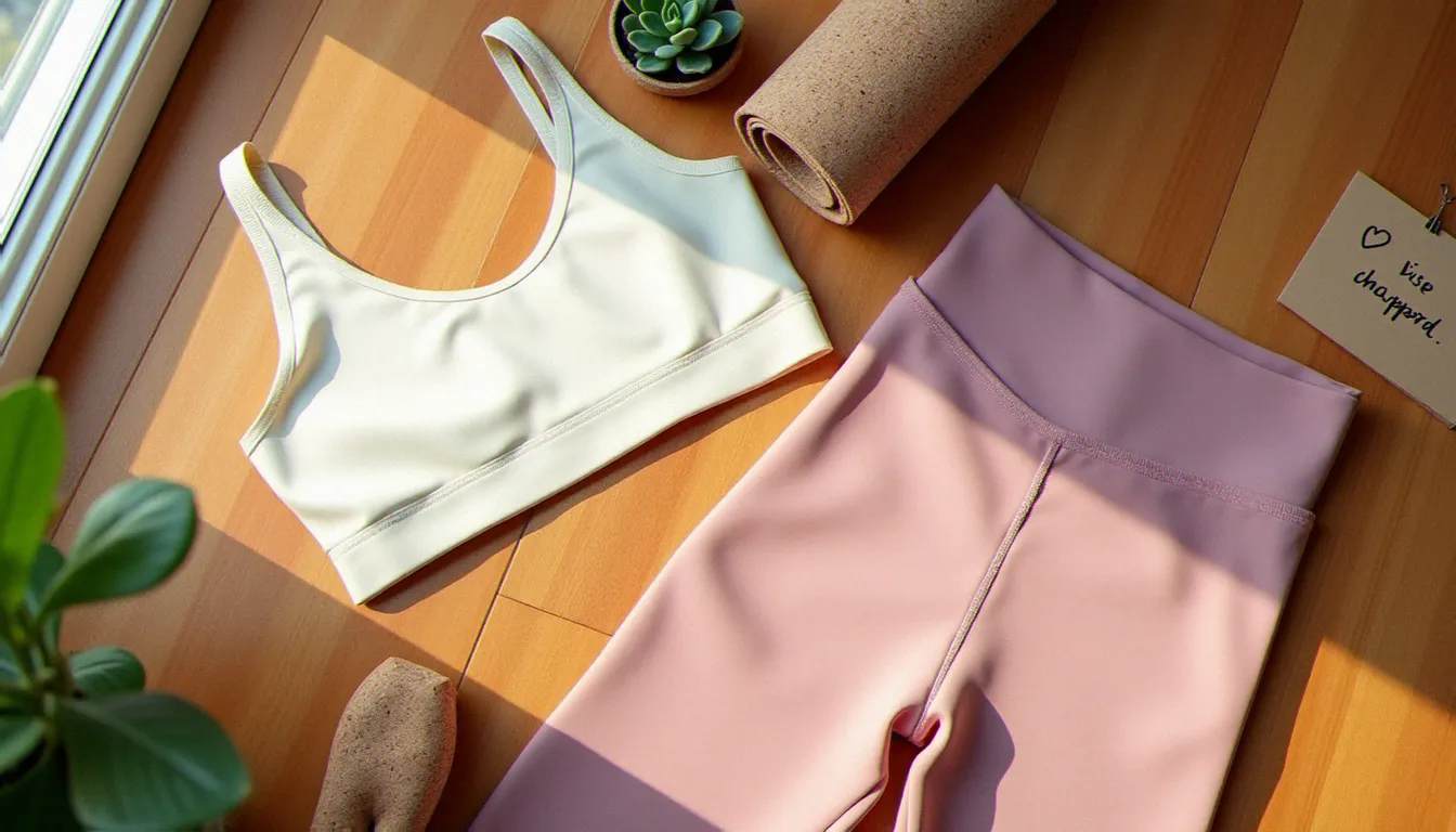 Disposition soignée d'une tenue de yoga professionnelle ivoire et rose poudré avec tapis en liège sur parquet en bois, éclairage naturel