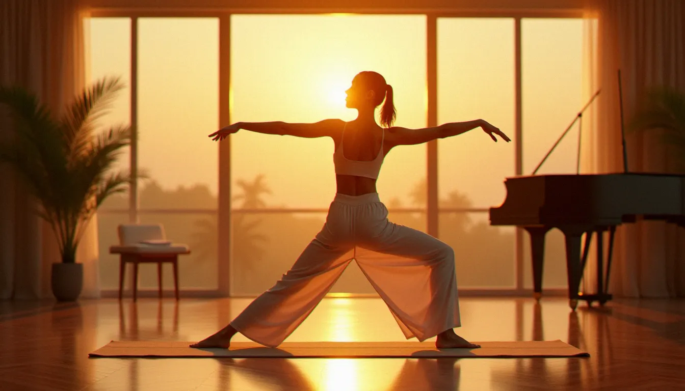 Femme en tenue blanche fluide effectuant la posture du Guerrier II dans un studio lumineux au coucher du soleil avec un piano à queue visible en arrière-plan
