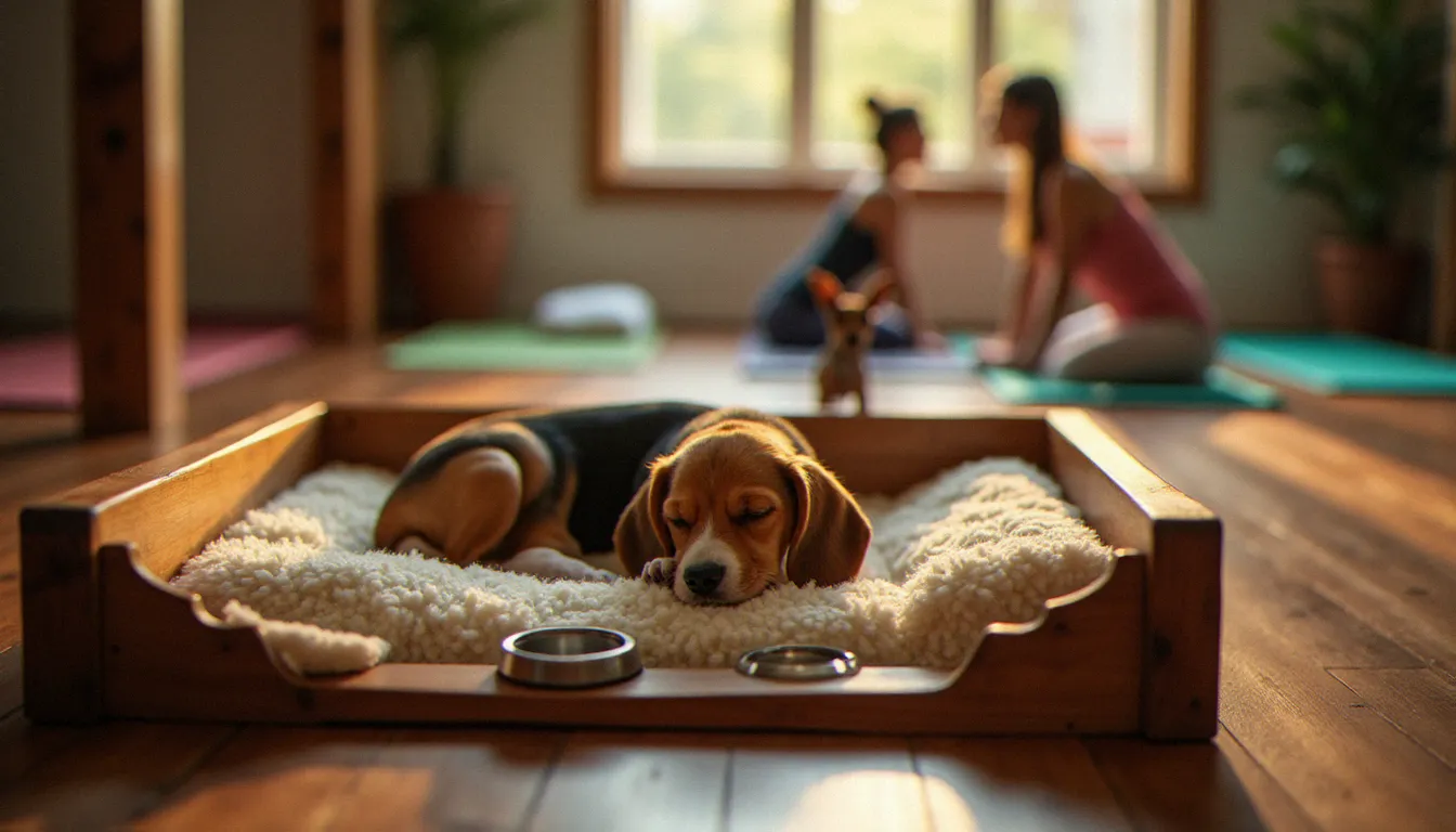 Zone de repos pour chiots lors d'une séance de puppy yoga éthique, animaux détendus dans un espace sécurisé — critère indispensable pour identifier un puppy yoga near me responsable