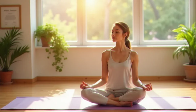 Une professeure de yoga registered yoga teacher yoga alliance souriante assise en méditation dans un studio lumineux, avec son certificat encadré visible au mur derrière elle