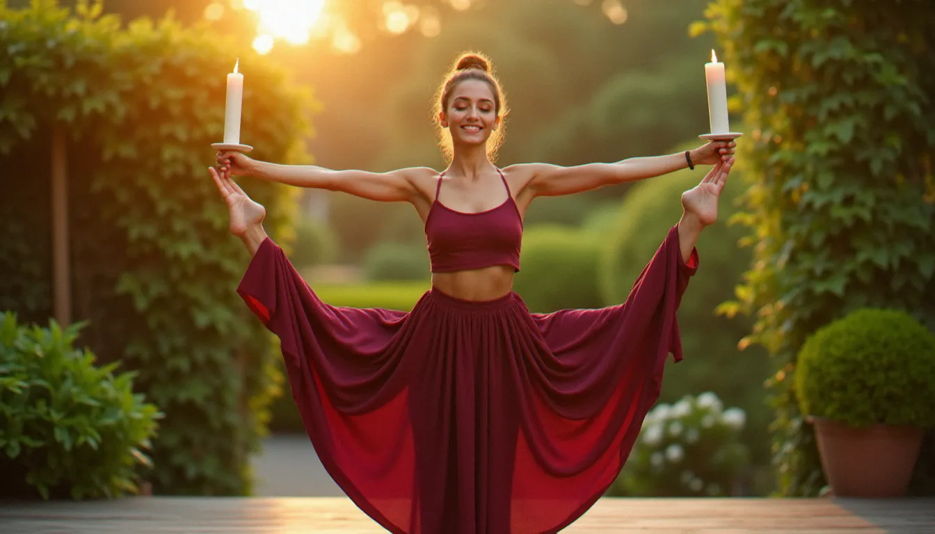 Femme en posture de la Déesse en yoga sur une terrasse en bois entourée de végétation luxuriante, expression de confiance et d'épanouissement