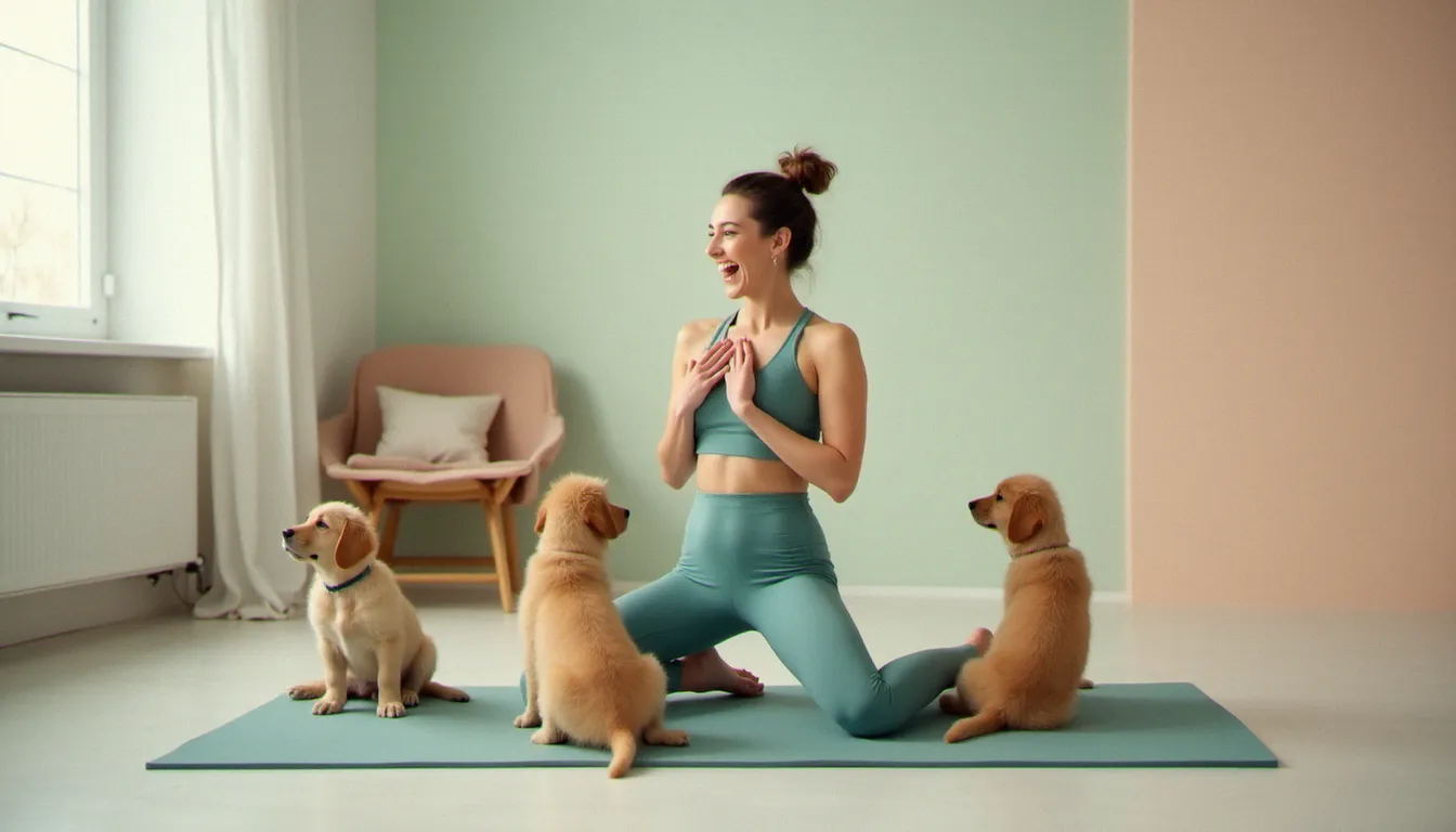 Femme en fente basse de yoga avec ouverture thoracique entourée de trois chiots golden retriever joueurs dans une salle lumineuse aux tons pastels